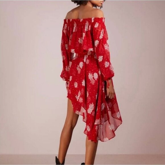 The Kooples Floral Off-The-Shoulder Asymmetric Silk Dress Sz S Bohemian Festival - Picture 2 of 11